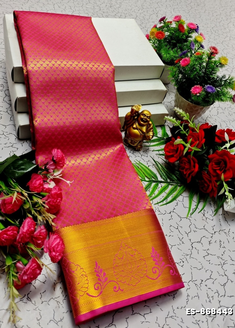 BRIDAL SILK GOLD SILVAR AND COPPER ZARI WEAVE AND WEDDING ART SILK SAREES - LIGHT PINK (3)