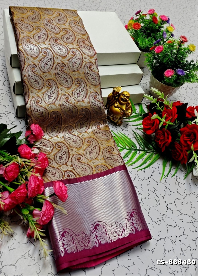 BRIDAL SILK GOLD SILVAR AND COPPER ZARI WEAVE AND WEDDING ART SILK SAREES - CREAM COLOR (4)