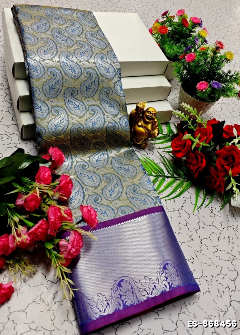 BRIDAL SILK GOLD SILVAR AND COPPER ZARI WEAVE AND WEDDING ART SILK SAREES - NORMAL  BLUE (2)