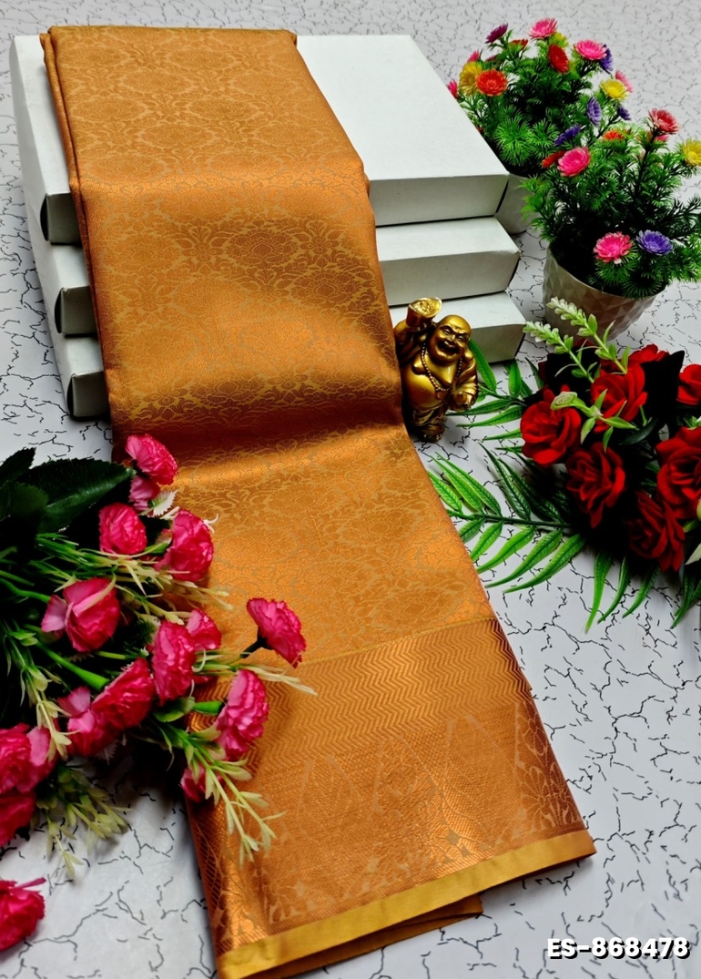 BRIDAL SILK GOLD SILVAR AND COPPER ZARI WEAVE AND WEDDING ART SILK SAREES - BRONCE COLOUR