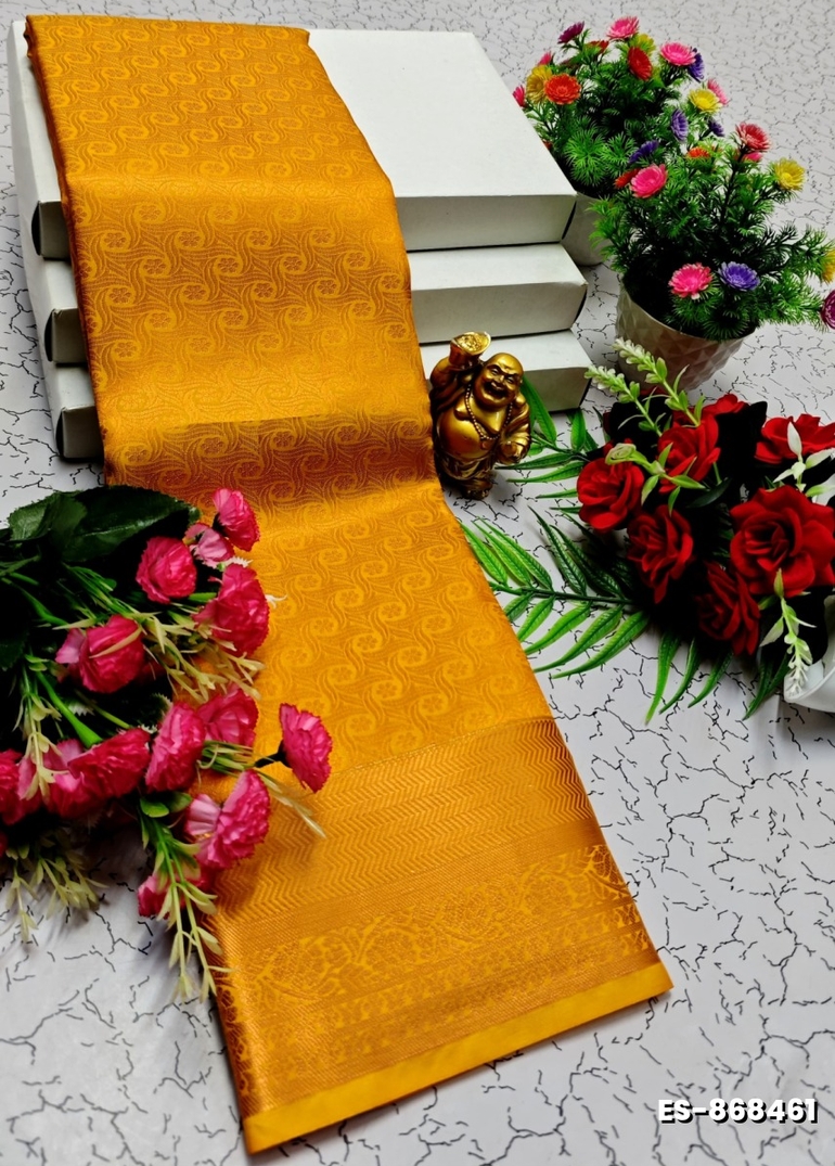 BRIDAL SILK GOLD SILVAR AND COPPER ZARI WEAVE AND WEDDING ART SILK SAREES - YELLOW COLOR (1)