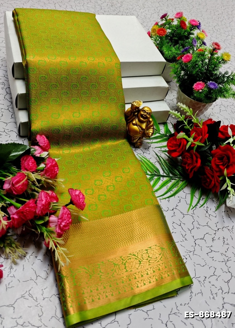 BRIDAL SILK GOLD SILVAR AND COPPER ZARI WEAVE AND WEDDING ART SILK SAREES - FLORAISON GREEN (1)