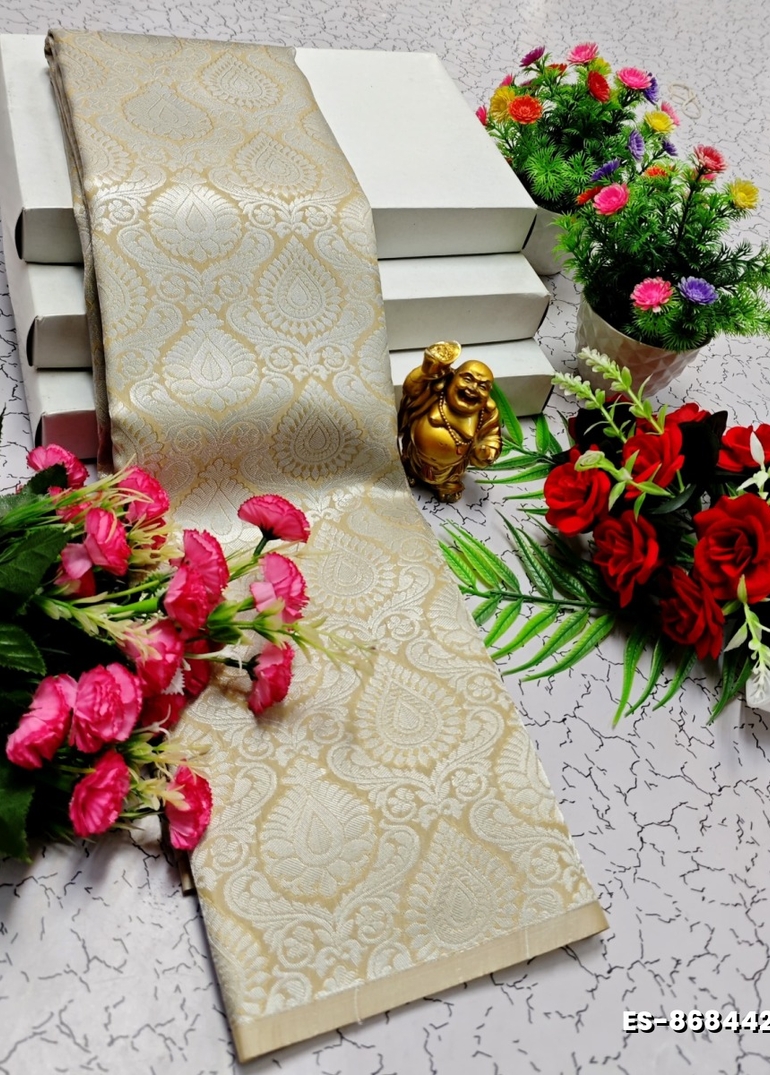 BRIDAL SILK GOLD SILVAR AND COPPER ZARI WEAVE AND WEDDING ART SILK SAREES - LIGHT PEACH (2)