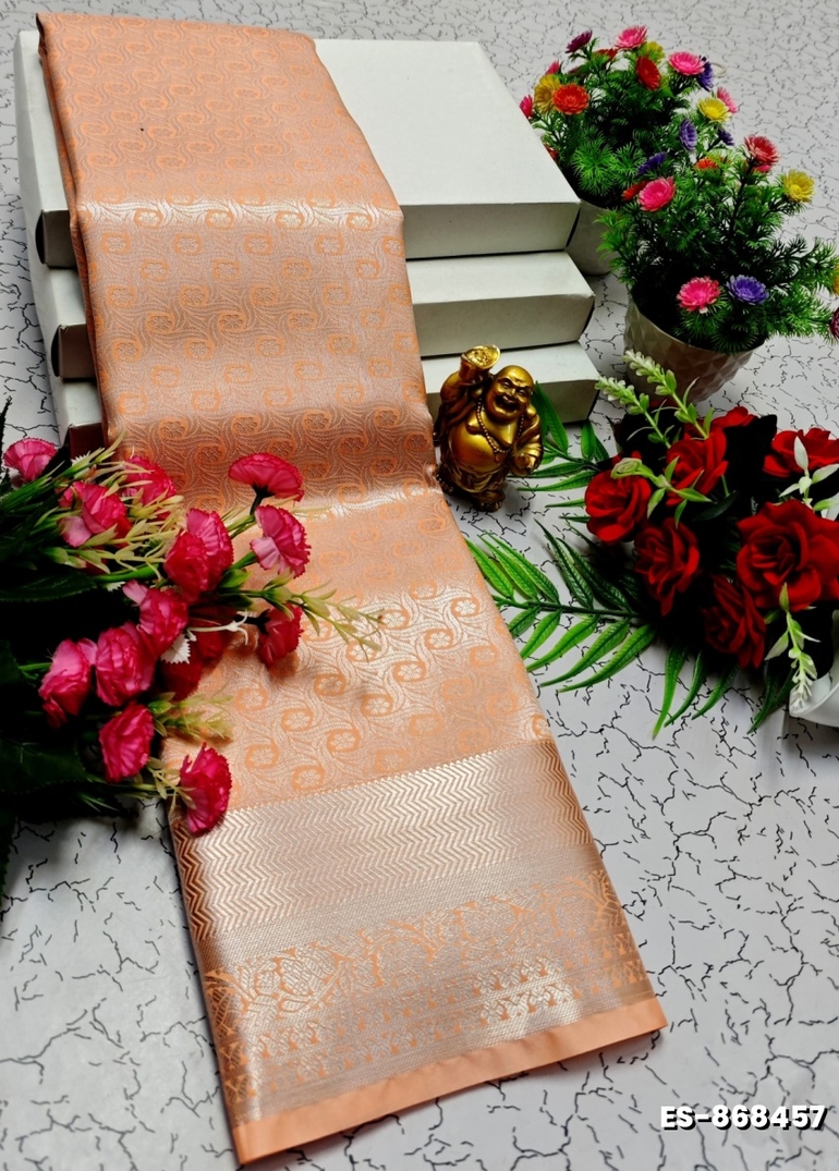 BRIDAL SILK GOLD SILVAR AND COPPER ZARI WEAVE AND WEDDING ART SILK SAREES - LIGHT ORANGE (1)