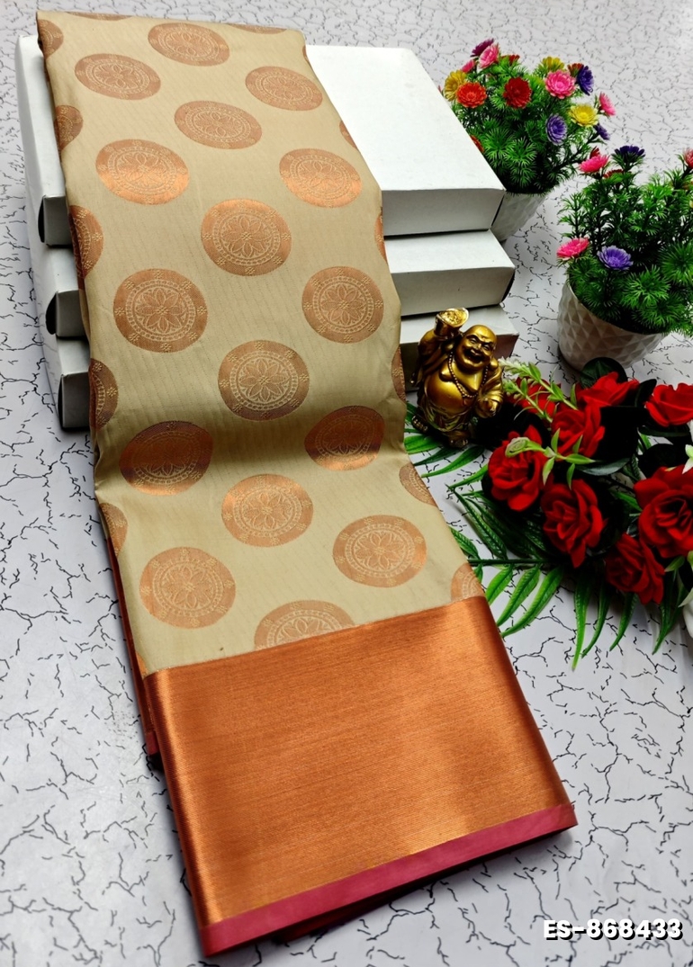 BRIDAL SILK GOLD SILVAR AND COPPER ZARI WEAVE AND WEDDING ART SILK SAREES - CREAM (2)