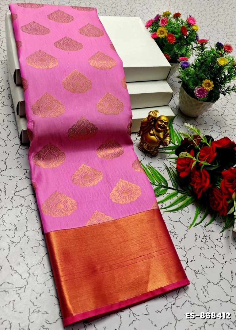 BRIDAL SILK GOLD SILVAR AND COPPER ZARI WEAVE AND WEDDING ART SILK SAREES - PINK (3)