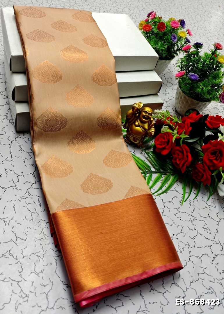 BRIDAL SILK GOLD SILVAR AND COPPER ZARI WEAVE AND WEDDING ART SILK SAREES - LIGHT SANDLE (3)