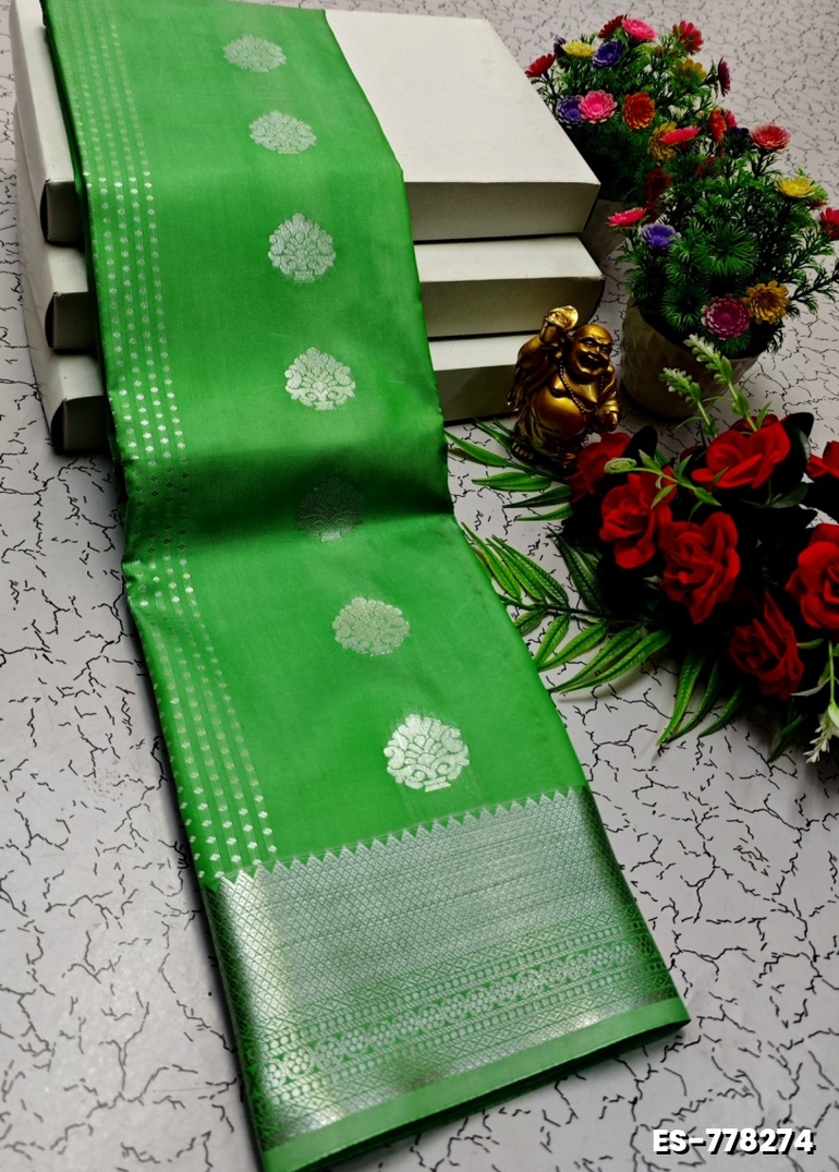 BRIDAL SILK GOLD SILVAR AND COPPER ZARI WEAVE AND WEDDING ART SILK SAREES - EMERALD COLOUR (2)