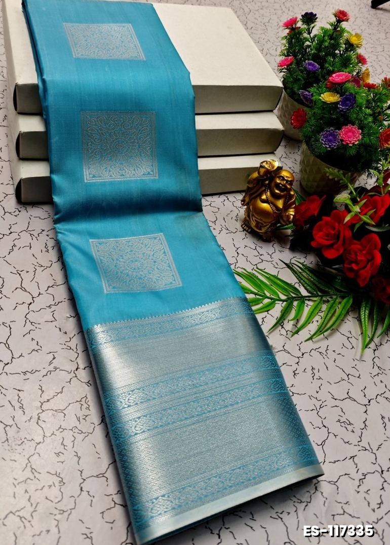 BRIDAL SILK GOLD SILVAR AND COPPER ZARI WEAVE AND WEDDING ART SILK SAREES - DARK SKY BLUE