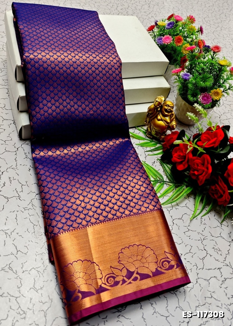BRIDAL SILK GOLD SILVAR AND COPPER ZARI WEAVE AND WEDDING ART SILK SAREES - NAVY COLOUR (3)