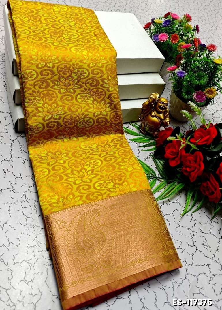 BRIDAL SILK GOLD SILVAR AND COPPER ZARI WEAVE AND WEDDING ART SILK SAREES - LEMON COLOUR