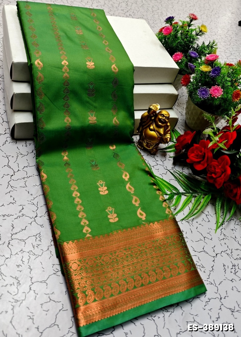 BRIDAL SILK GOLD SILVAR AND COPPER ZARI WEAVE AND WEDDING ART SILK SAREES - DARK GREEN