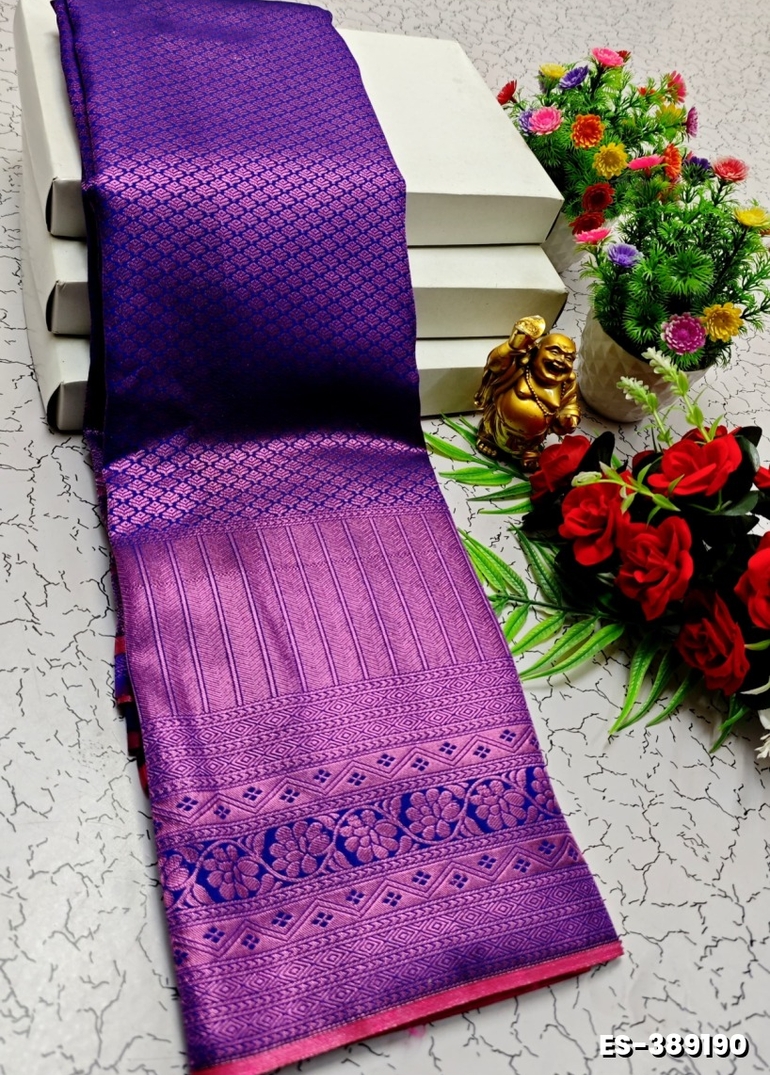 BRIDAL SILK GOLD SILVAR AND COPPER ZARI WEAVE AND WEDDING ART SILK SAREES - BRINJAL COLOUR