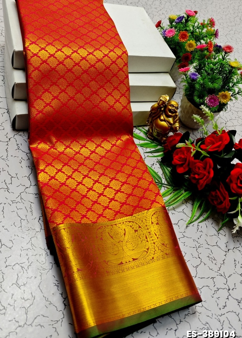 BRIDAL SILK GOLD SILVAR AND COPPER ZARI WEAVE AND WEDDING ART SILK SAREES - RED
