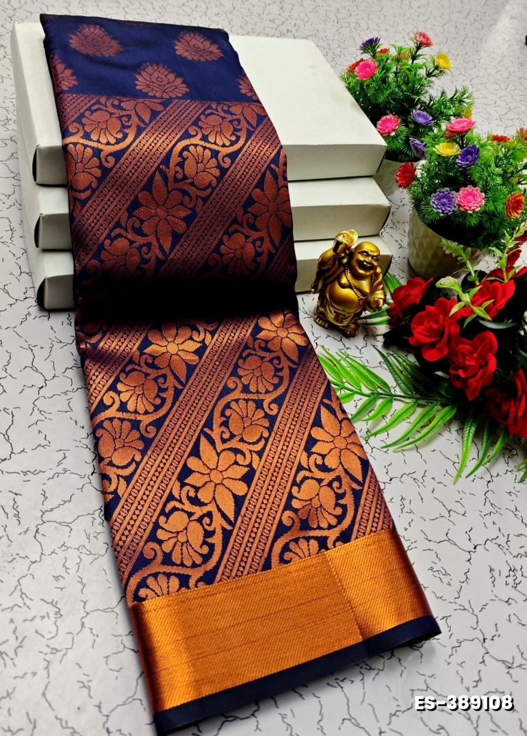 BRIDAL SILK GOLD SILVAR AND COPPER ZARI WEAVE AND WEDDING ART SILK SAREES - NAVY COLOUR (4)