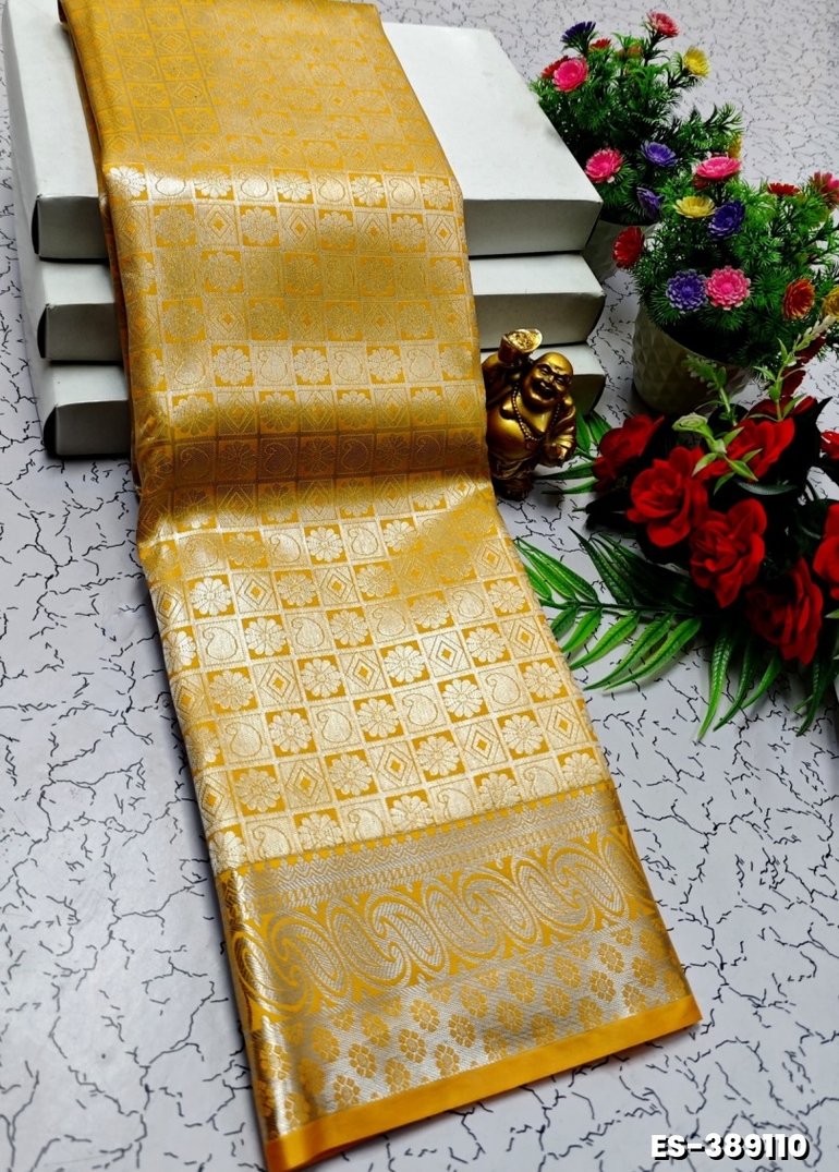 BRIDAL SILK GOLD SILVAR AND COPPER ZARI WEAVE AND WEDDING ART SILK SAREES - YELLOW (1)