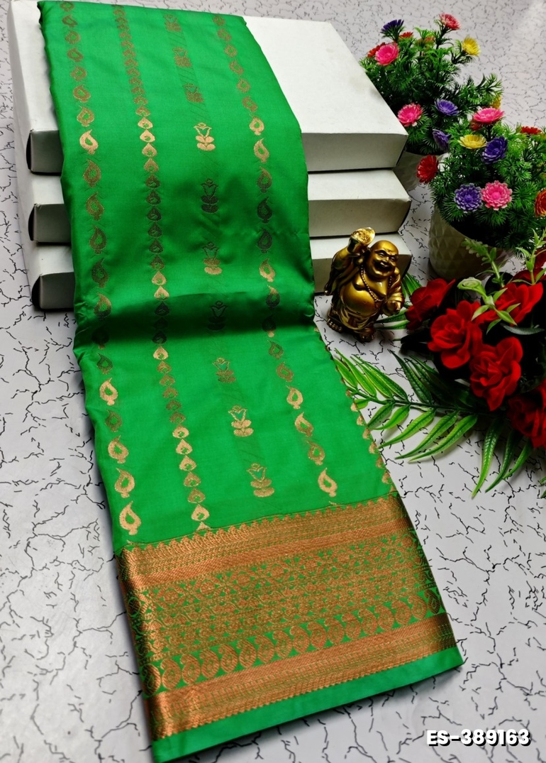 BRIDAL SILK GOLD SILVAR AND COPPER ZARI WEAVE AND WEDDING ART SILK SAREES - GREEN COLOUR (1)