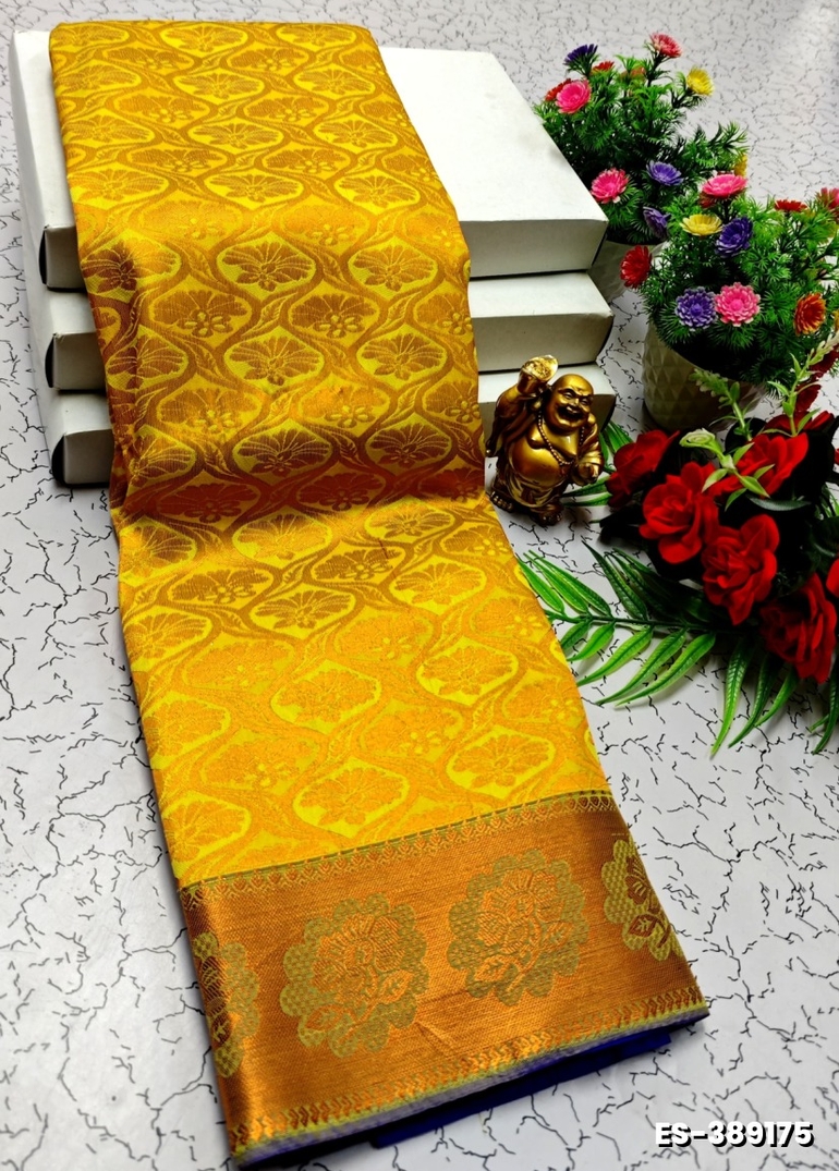 BRIDAL SILK GOLD SILVAR AND COPPER ZARI WEAVE AND WEDDING ART SILK SAREES - LEMON COLOUR (1)