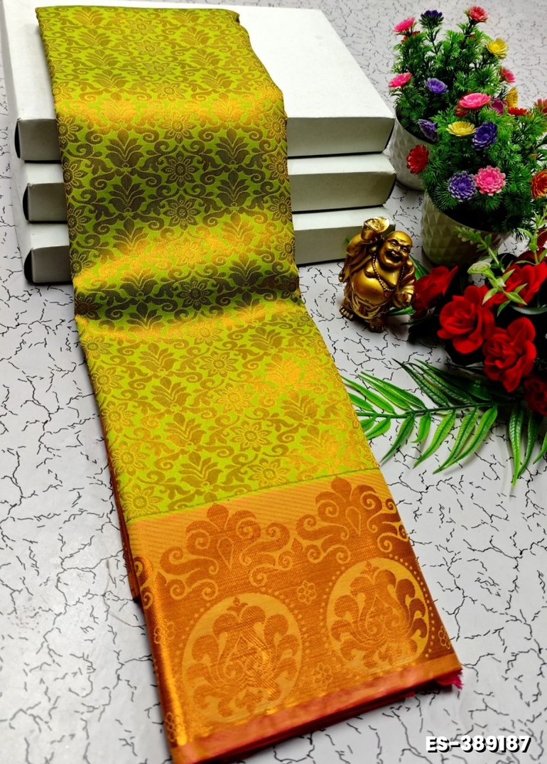 BRIDAL SILK GOLD SILVAR AND COPPER ZARI WEAVE AND WEDDING ART SILK SAREES - FLORAISON GREEN (5)
