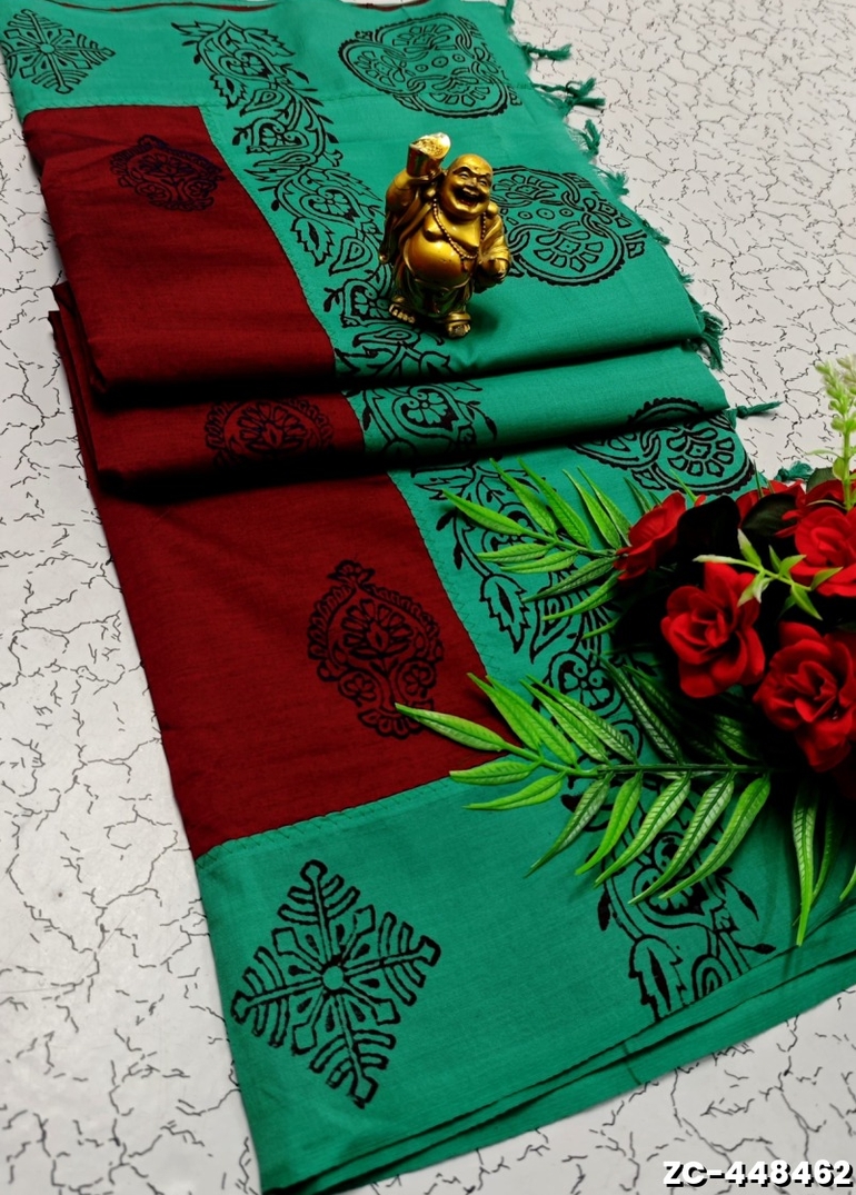 TRENDY AND FANCY ZIGZAG  BORDER STITCH COTTON SAREES - MAROON COLOR