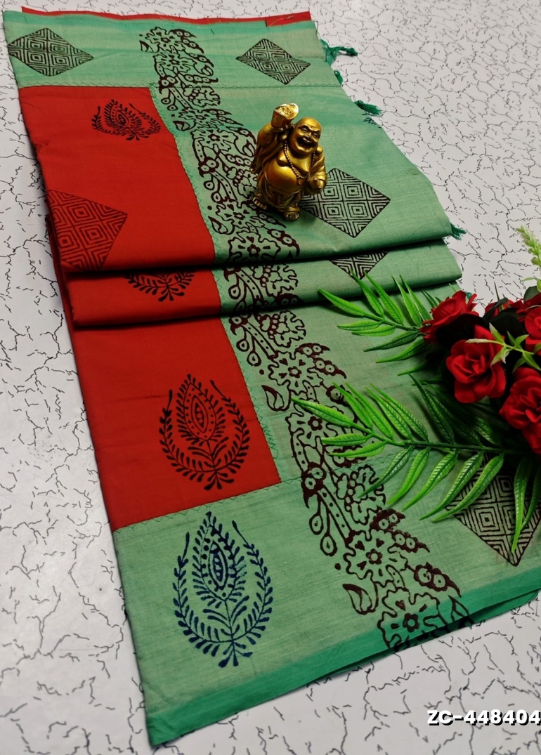 TRENDY AND FANCY ZIGZAG  BORDER STITCH COTTON SAREES - RED