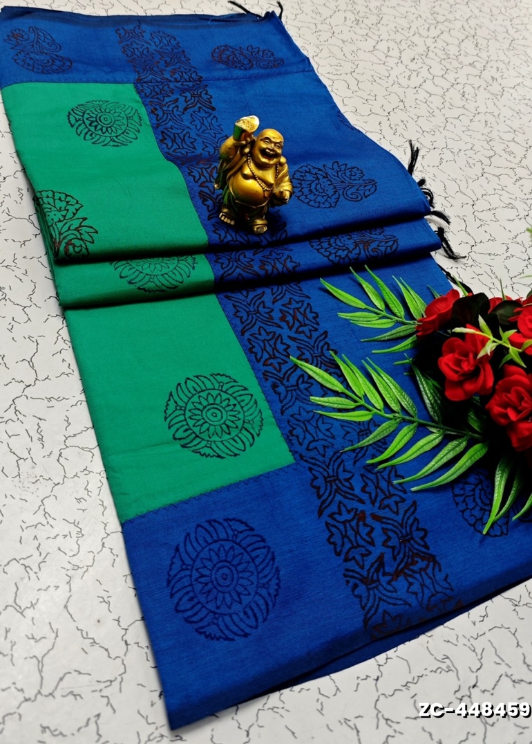 TRENDY AND FANCY ZIGZAG  BORDER STITCH COTTON SAREES - NORMAL GREEN