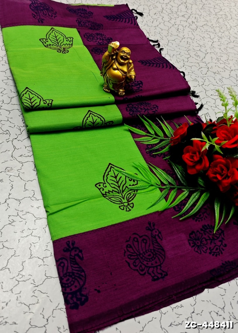 TRENDY AND FANCY ZIGZAG  BORDER STITCH COTTON SAREES - PARET GREEN