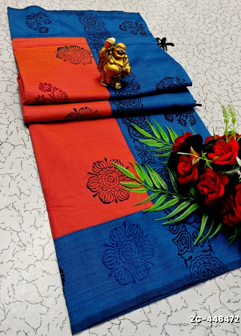 TRENDY AND FANCY ZIGZAG  BORDER STITCH COTTON SAREES - CORAL COLOUR