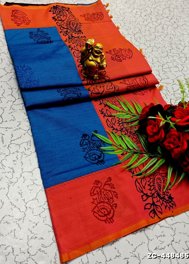 TRENDY AND FANCY ZIGZAG  BORDER STITCH COTTON SAREES - BLUE SHADE