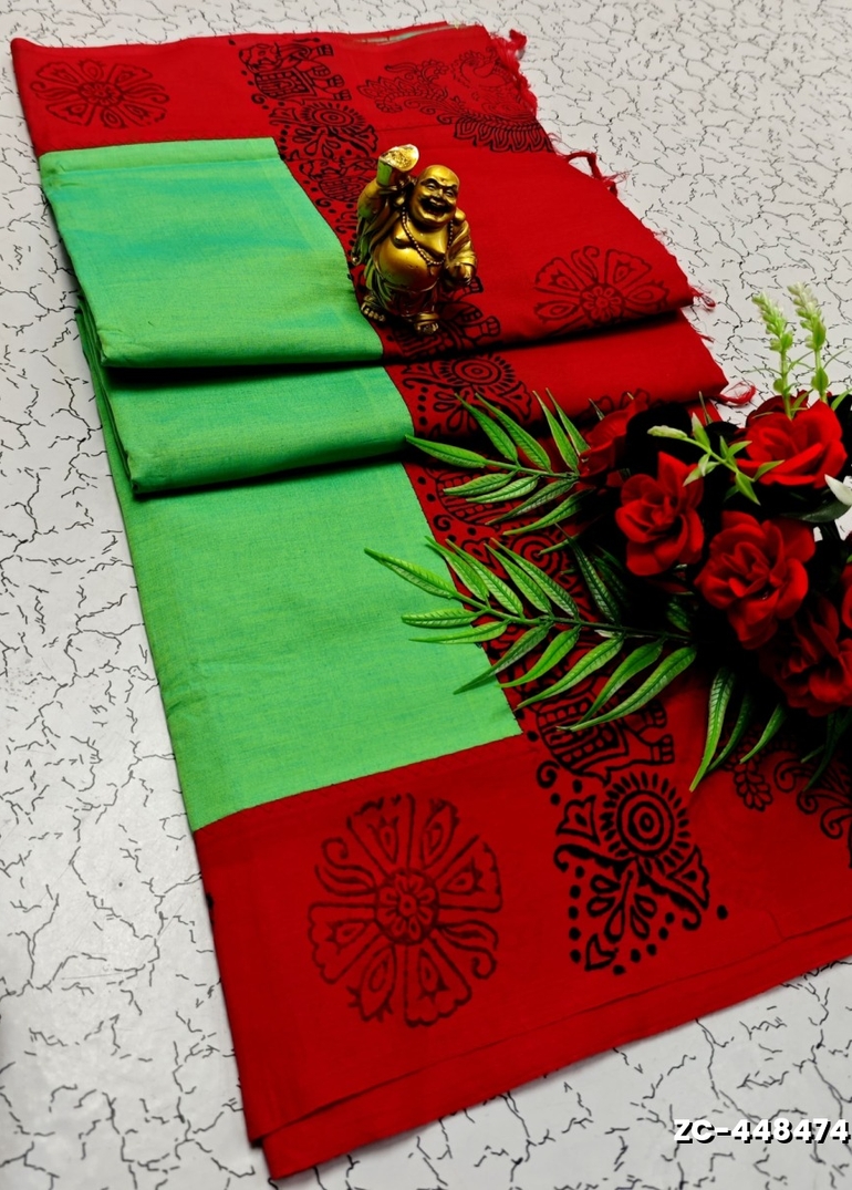 TRENDY AND FANCY ZIGZAG  BORDER STITCH COTTON SAREES - EMERALD COLOUR