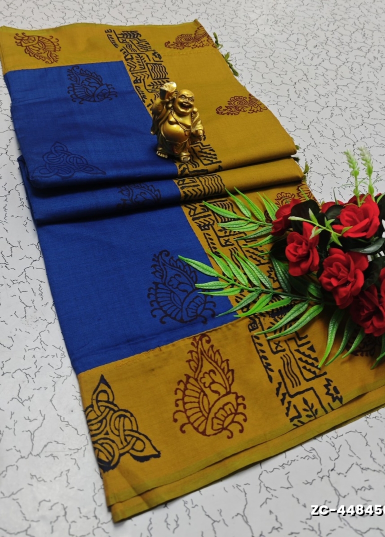 TRENDY AND FANCY ZIGZAG  BORDER STITCH COTTON SAREES - NORMAL  BLUE