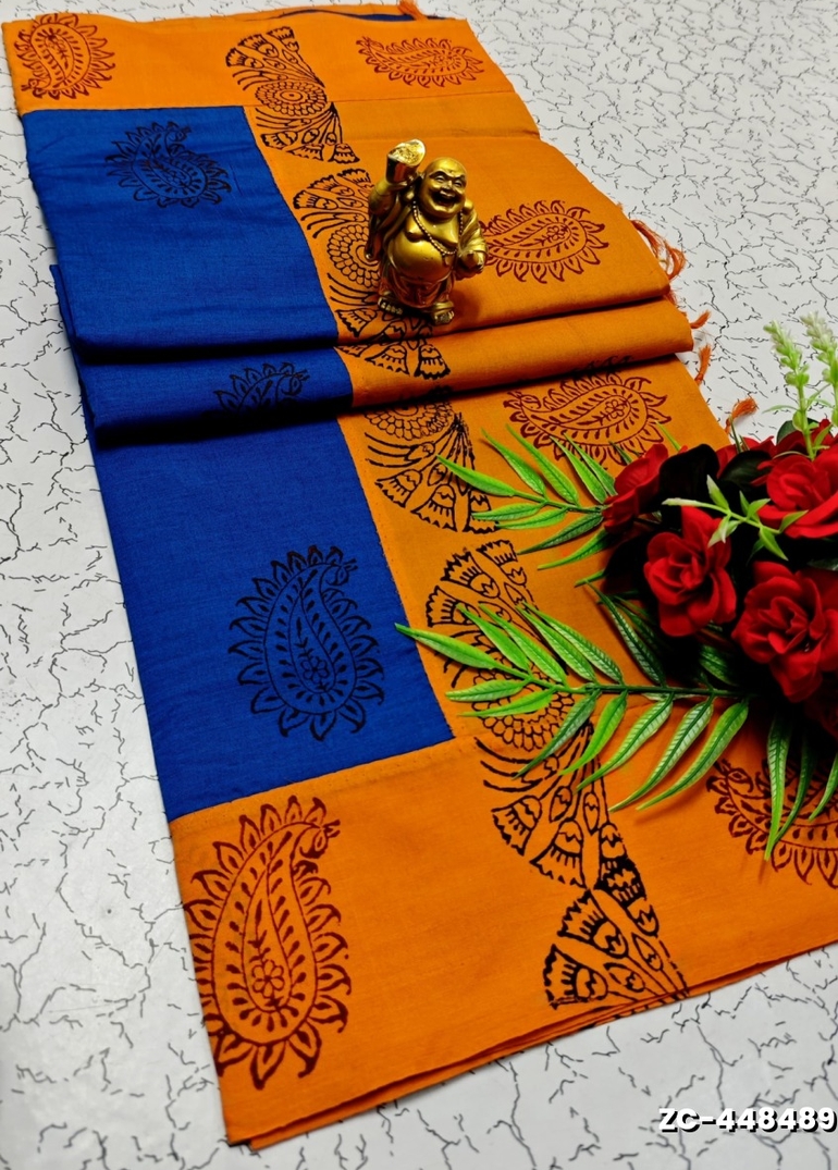 TRENDY AND FANCY ZIGZAG  BORDER STITCH COTTON SAREES - BLUE COLOUR