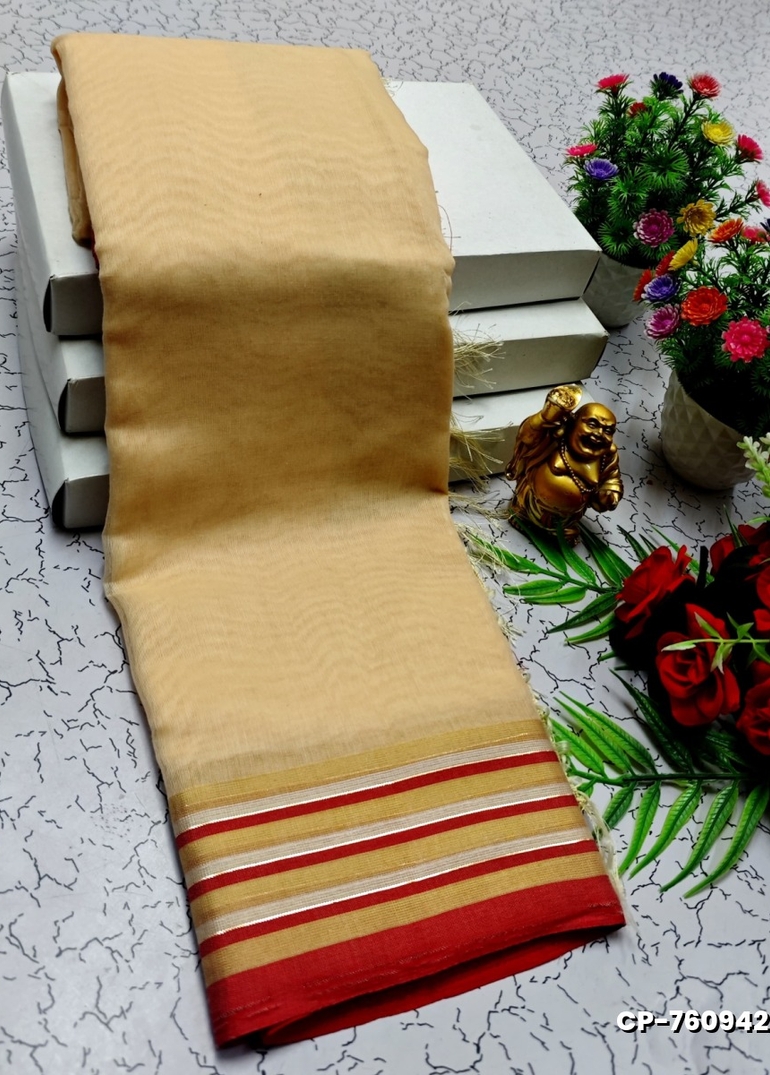 FANCY PLAIN COTTON SOFT SILK SAREES - LIGHT PEACH
