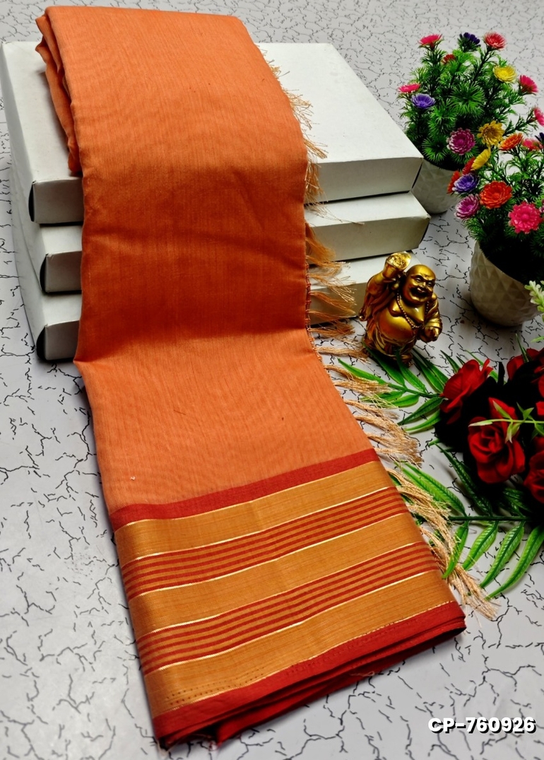 FANCY PLAIN COTTON SOFT SILK SAREES - ORANGE N (2)