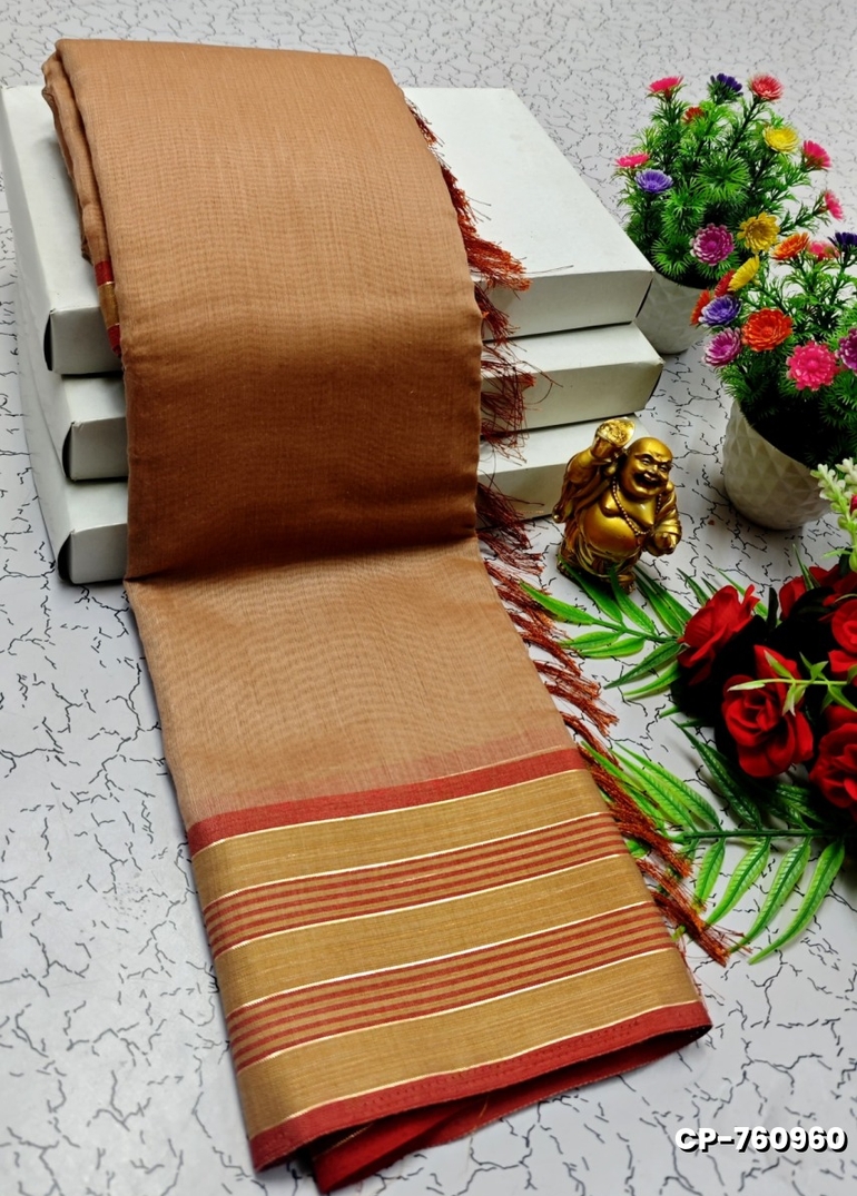 FANCY PLAIN COTTON SOFT SILK SAREES - CREAM COLOR (2)