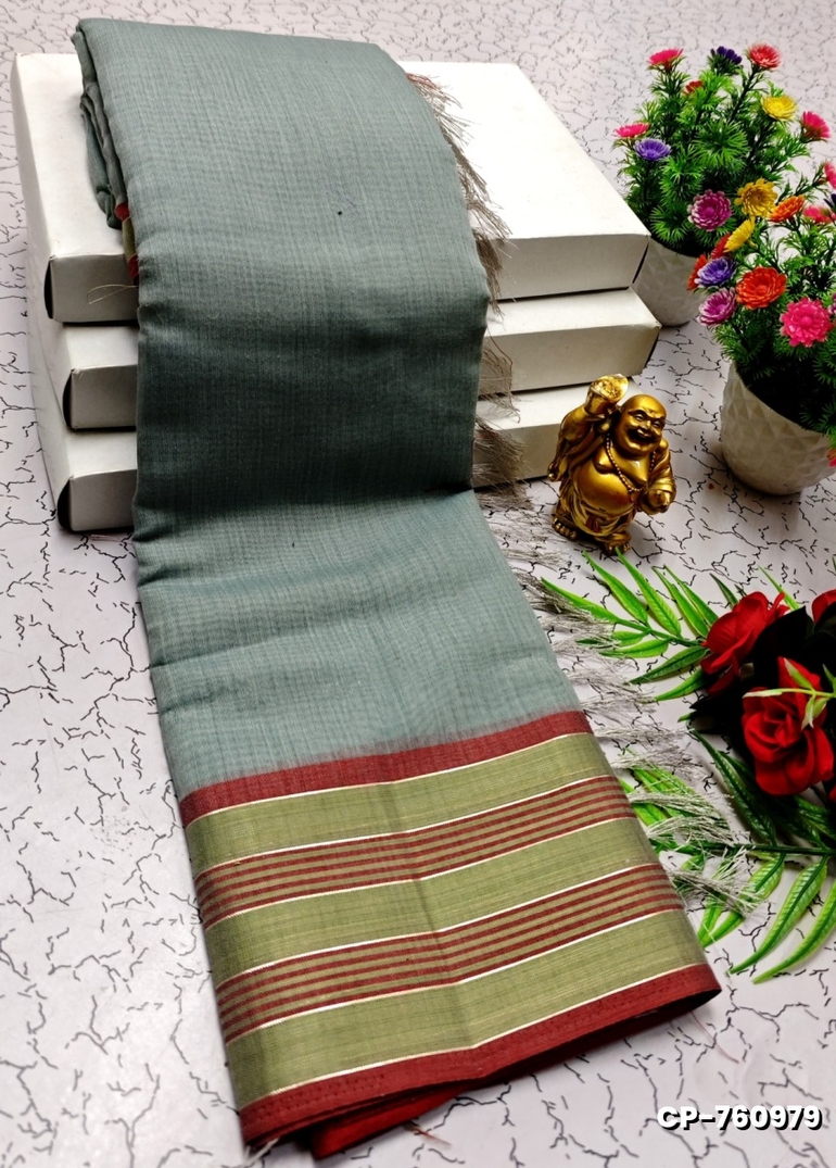 FANCY PLAIN COTTON SOFT SILK SAREES - SLATE COLOUR (1)
