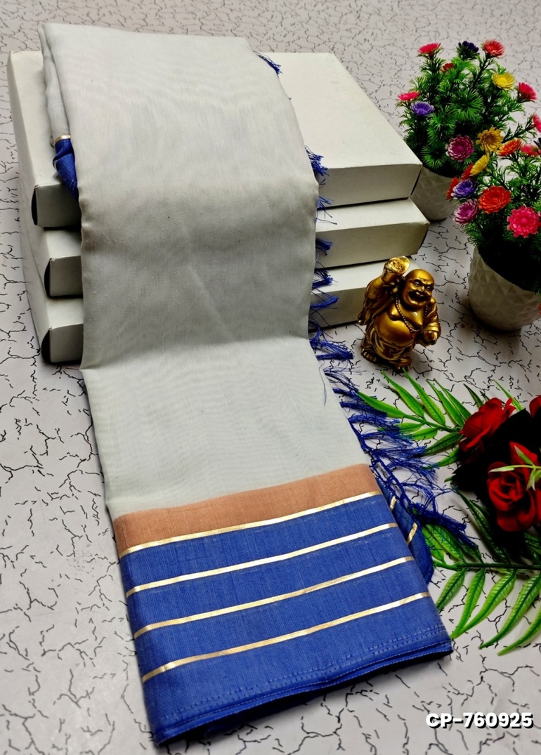 FANCY PLAIN COTTON SOFT SILK SAREES - WHITE (2)