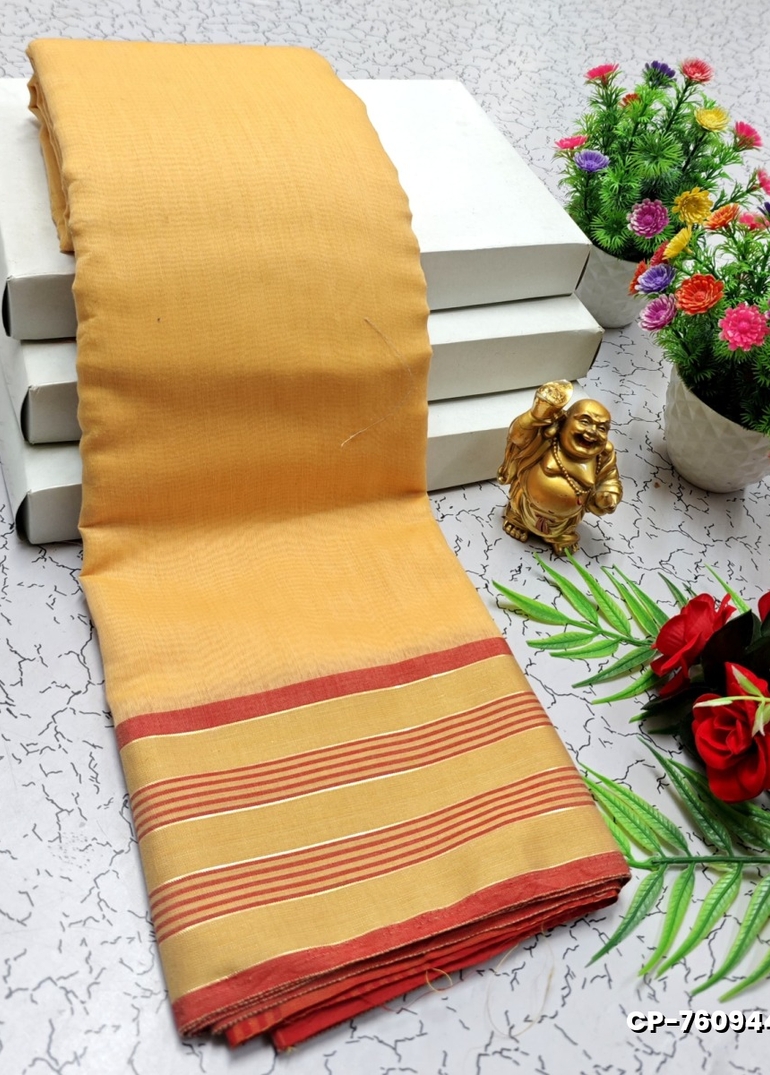 FANCY PLAIN COTTON SOFT SILK SAREES - LIGHT YELLOW (1)