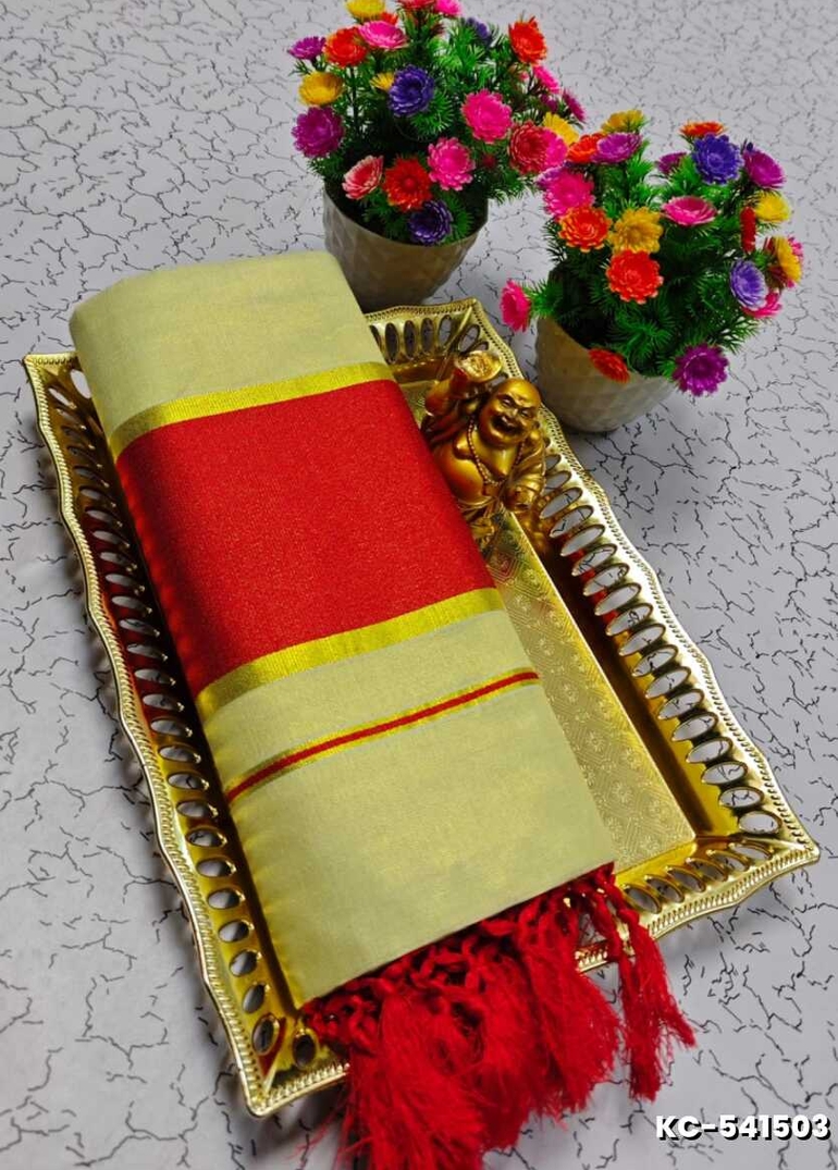 TRENDING KERALA SPECIAL FULL WORK EMBOSSED DIGITAL PRINTING TISSUE SAREE COLLECTIONS - GOLD (19)