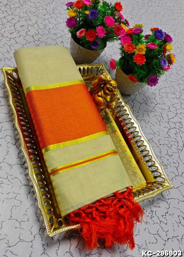 TRENDING KERALA SPECIAL FULL WORK EMBOSSED DIGITAL PRINTING TISSUE SAREE COLLECTIONS - GOLD (20)