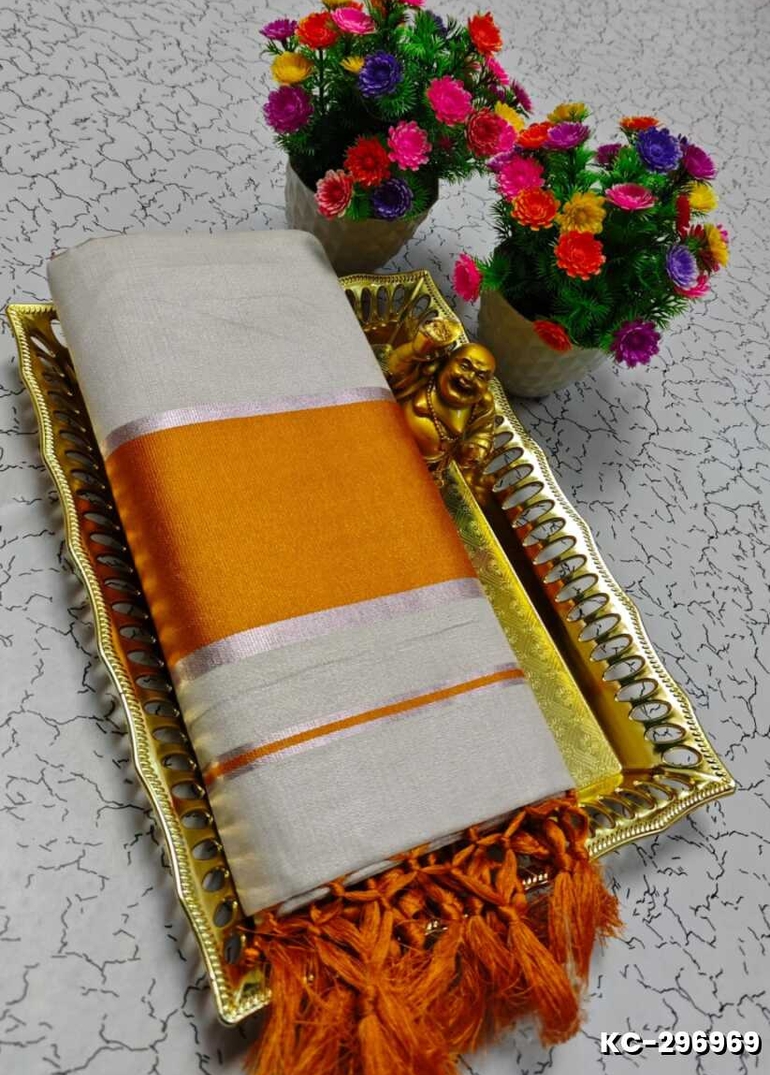 TRENDING KERALA SPECIAL FULL WORK EMBOSSED DIGITAL PRINTING TISSUE SAREE COLLECTIONS - BEIGE COLOUR (43)