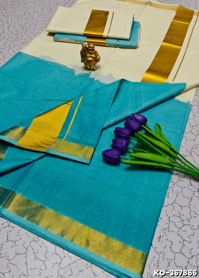 KERALA SAREE OFF & OFF MODEL NEW TRENDING COTTON SAREE - TUQUOISE