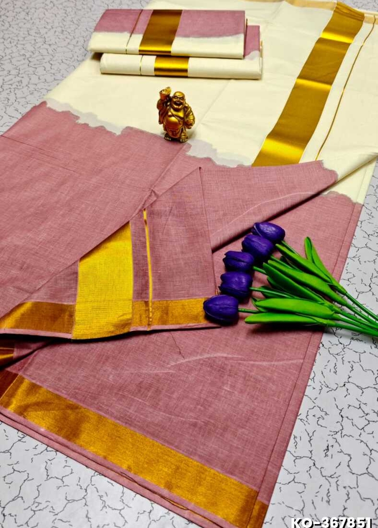KERALA SAREE OFF & OFF MODEL NEW TRENDING COTTON SAREE - ONIYAN PINK
