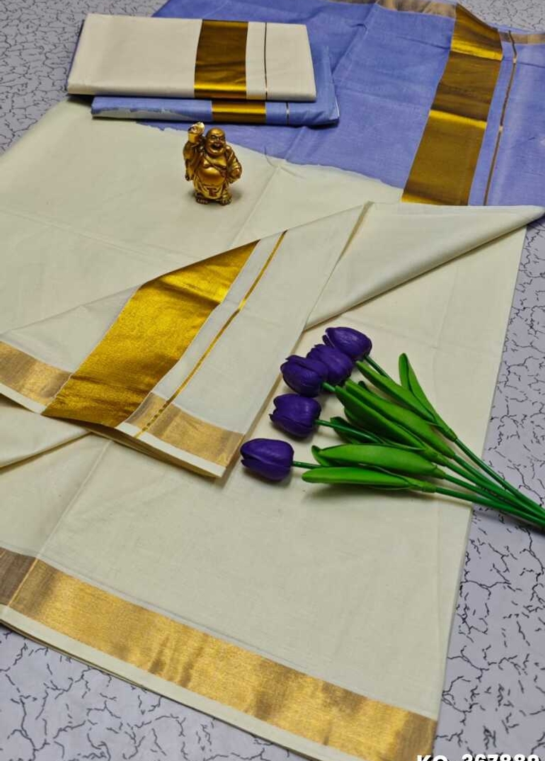 KERALA SAREE OFF & OFF MODEL NEW TRENDING COTTON SAREE - BLUE COLOUR