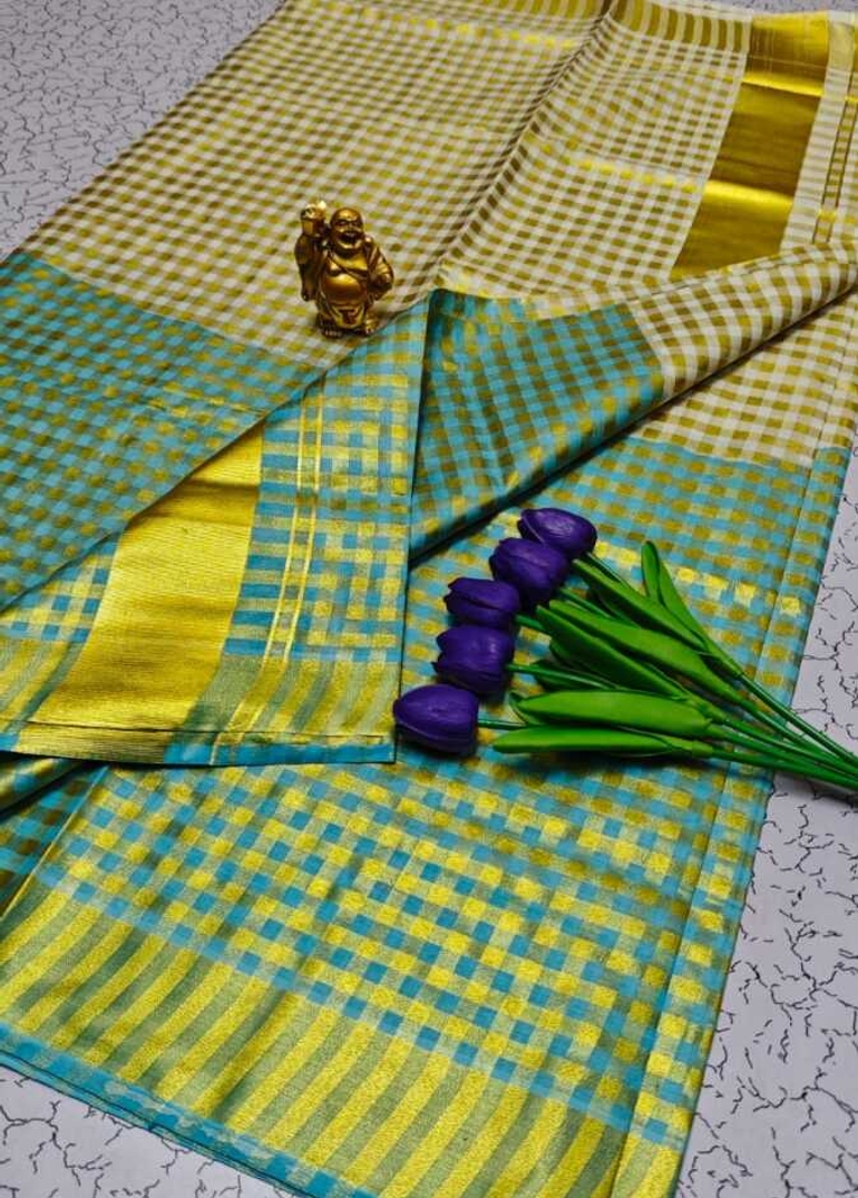 KERALA SAREE OFF & OFF MODEL NEW TRENDING COTTON SAREE - SKY BLUE