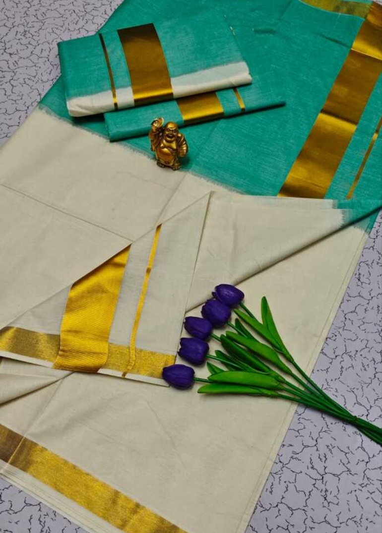 KERALA SAREE OFF & OFF MODEL NEW TRENDING COTTON SAREE - TEAL COLOUR