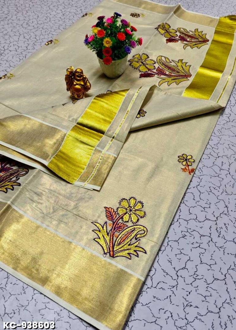 TRENDING KERALA SPECIAL FULL WORK EMBOSSED DIGITAL PRINTING TISSUE SAREE COLLECTIONS