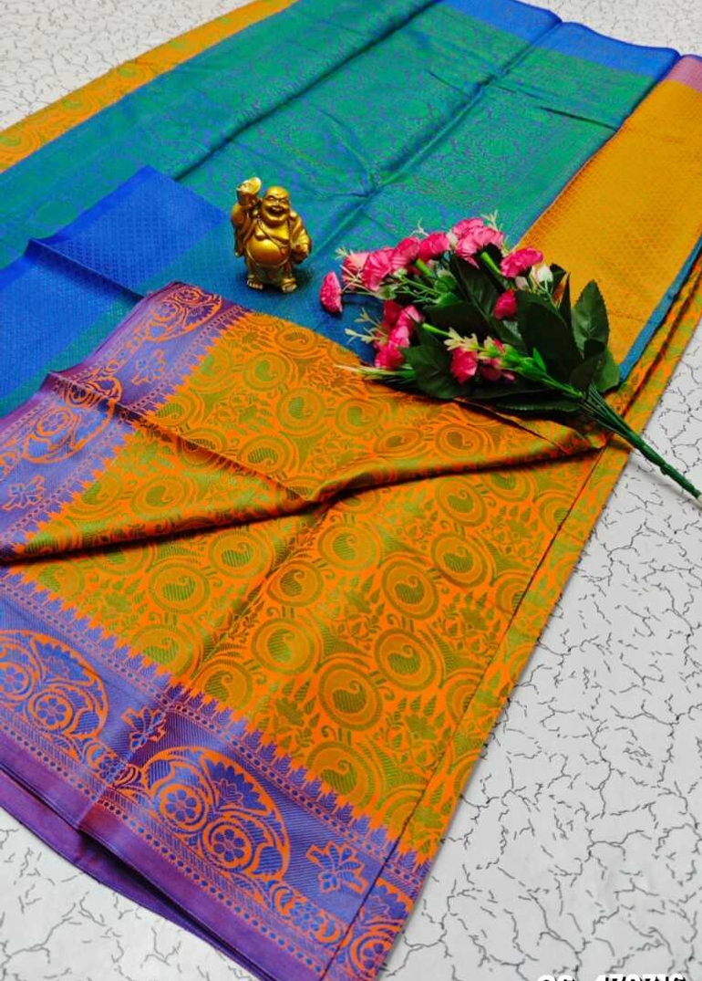 BRIDAL RAPIER COPPER SILK  FANCY  LIGHT WEIGHT SILK  SAREES - ORANGE