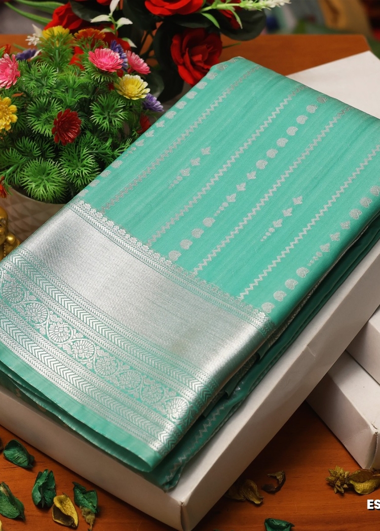 BRIDAL SILK GOLD SILVAR AND COPPER ZARI WEAVE AND WEDDING ART SILK SAREES - TUQUOISE