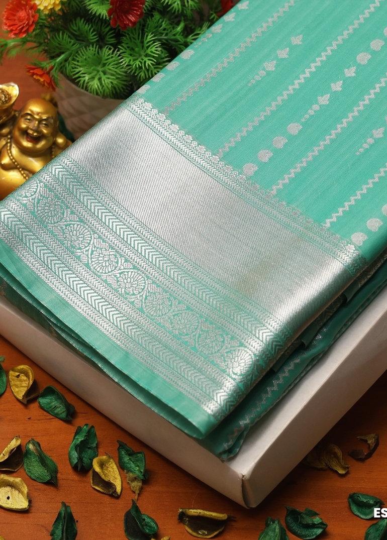 BRIDAL SILK GOLD SILVAR AND COPPER ZARI WEAVE AND WEDDING ART SILK SAREES - TUQUOISE